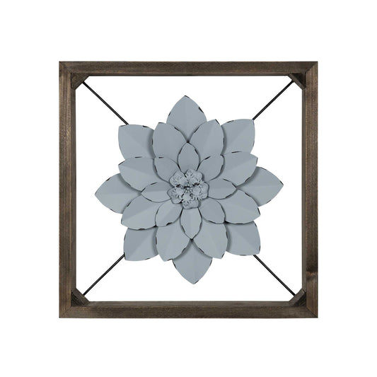Pale Blue Metal Flower In Walnut Finish Frame