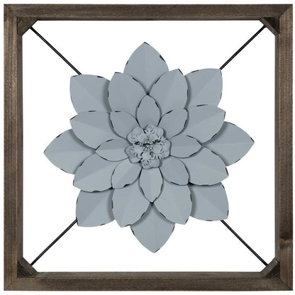 Pale Blue Metal Flower In Walnut Finish Frame