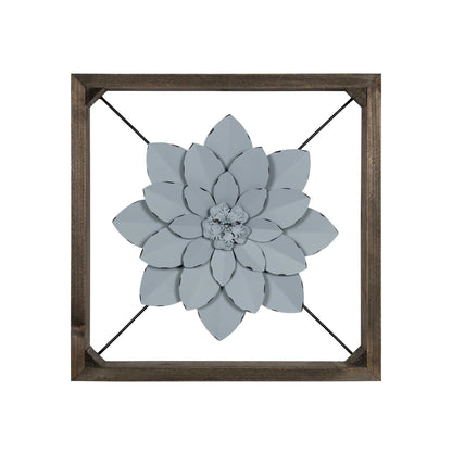 Pale Blue Metal Flower In Walnut Finish Frame