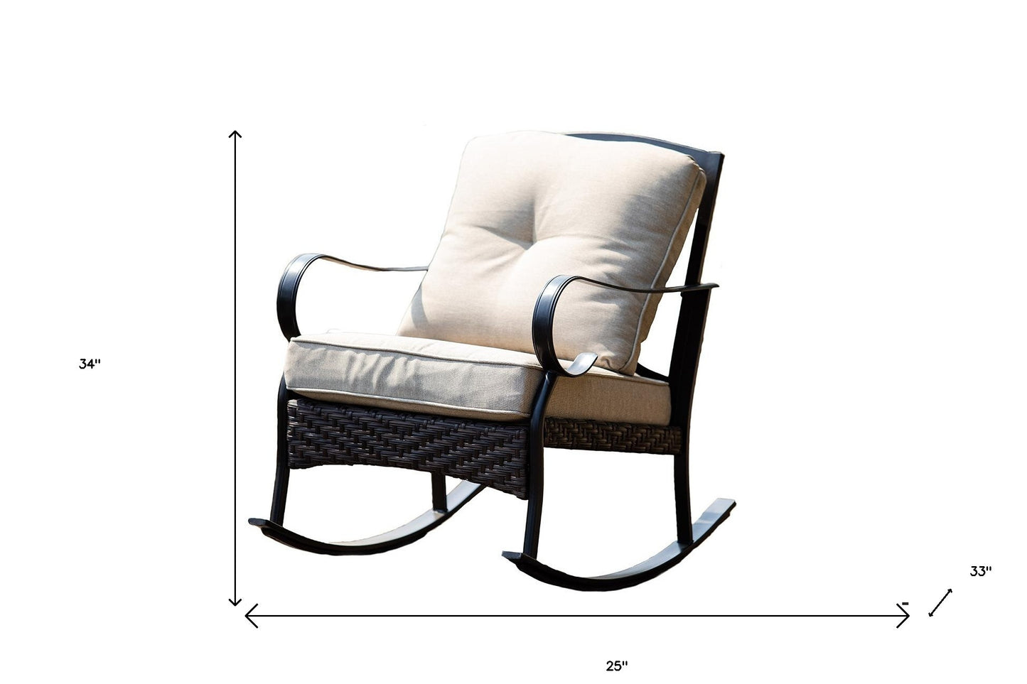 25" X 33" X 34" Black Steel Patio Rocking Chair With Beige Cushions