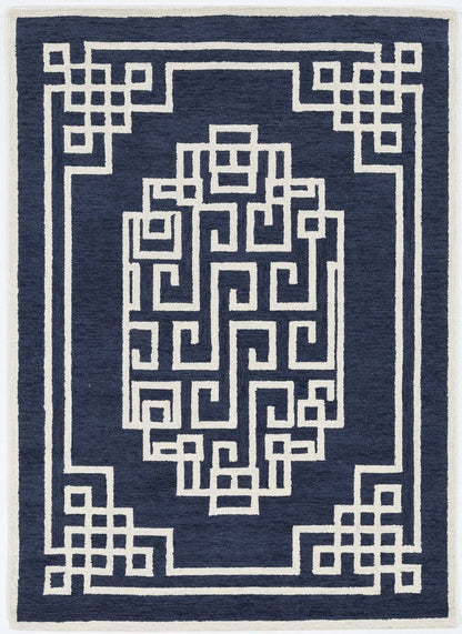 5'X7' Navy Blue Ivory Hand Tufted Bordered Greek Key Indoor Area Rug