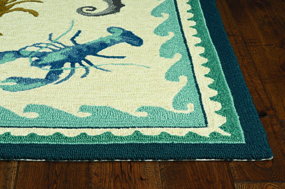 2'X3' Ivory Teal Hand Hooked Uv Treated Bordered Coastal Sea Life Indoor Outdoor Accent Rug