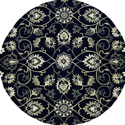 5' X 7' Navy Floral Vines Indoor Outdoor Area Rug