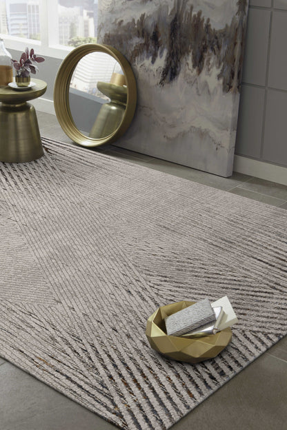 5'X8' Ivory Grey Machine Woven Geometric Lines Indoor Area Rug
