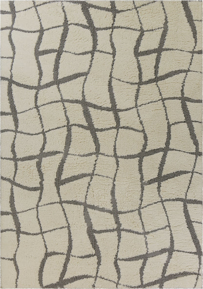 5'X7' Ivory Machine Woven Abstract Indoor Shag Rug