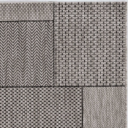 3'X5' Grey Machine Woven Uv Treated Geometric Blocks Indoor Outdoor Area Rug