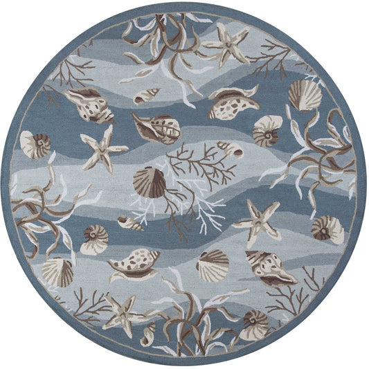 8' Seafoam Green Hand Hooked Sea Shells Indoor Runner Rug