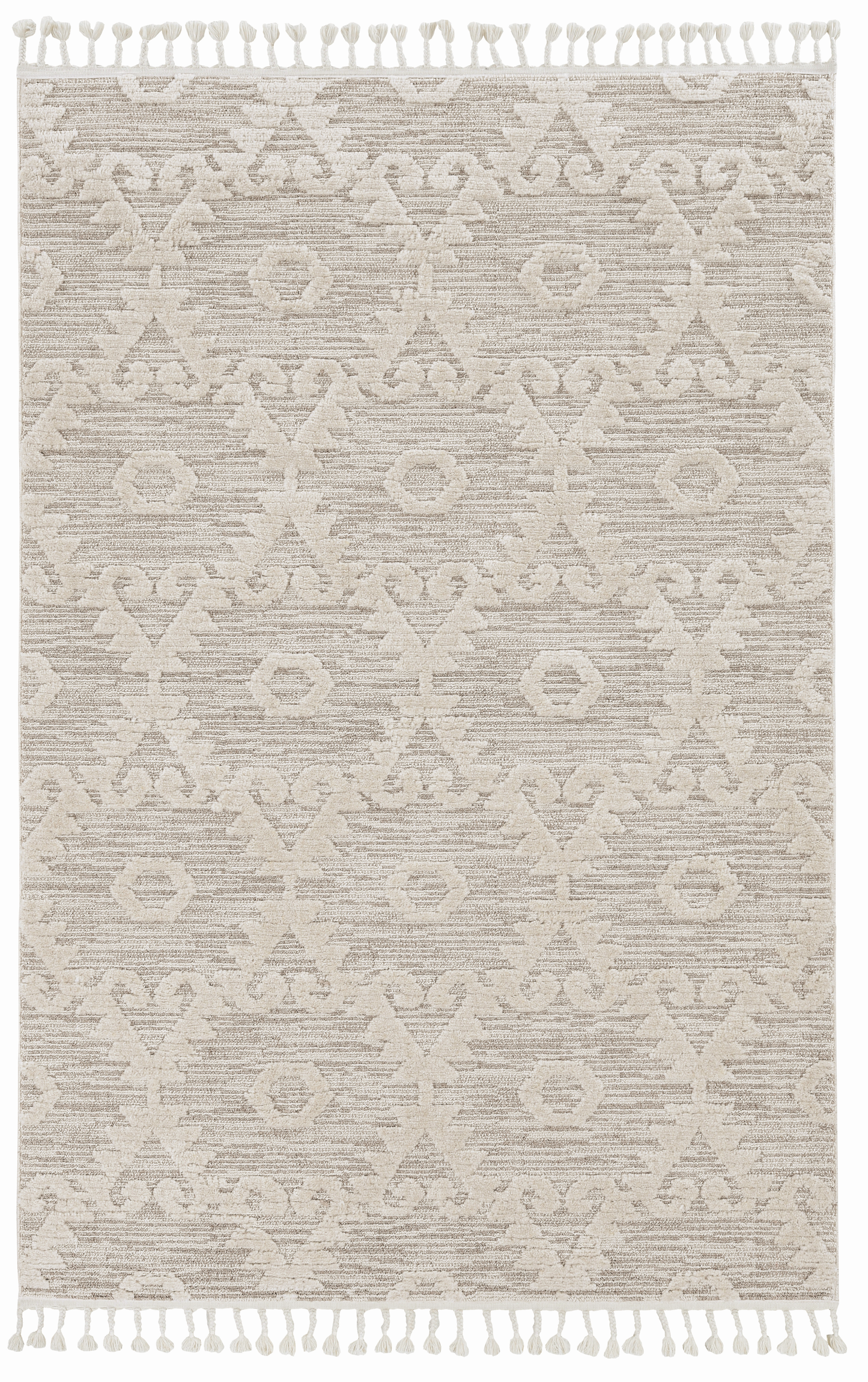 8' Ivory Beige Machine Woven Geometric With Fringe Indoor Runner Rug
