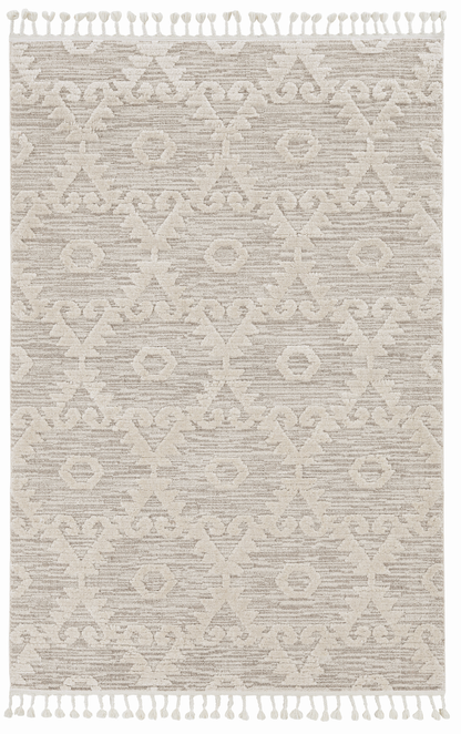 8' Ivory Beige Machine Woven Geometric With Fringe Indoor Runner Rug