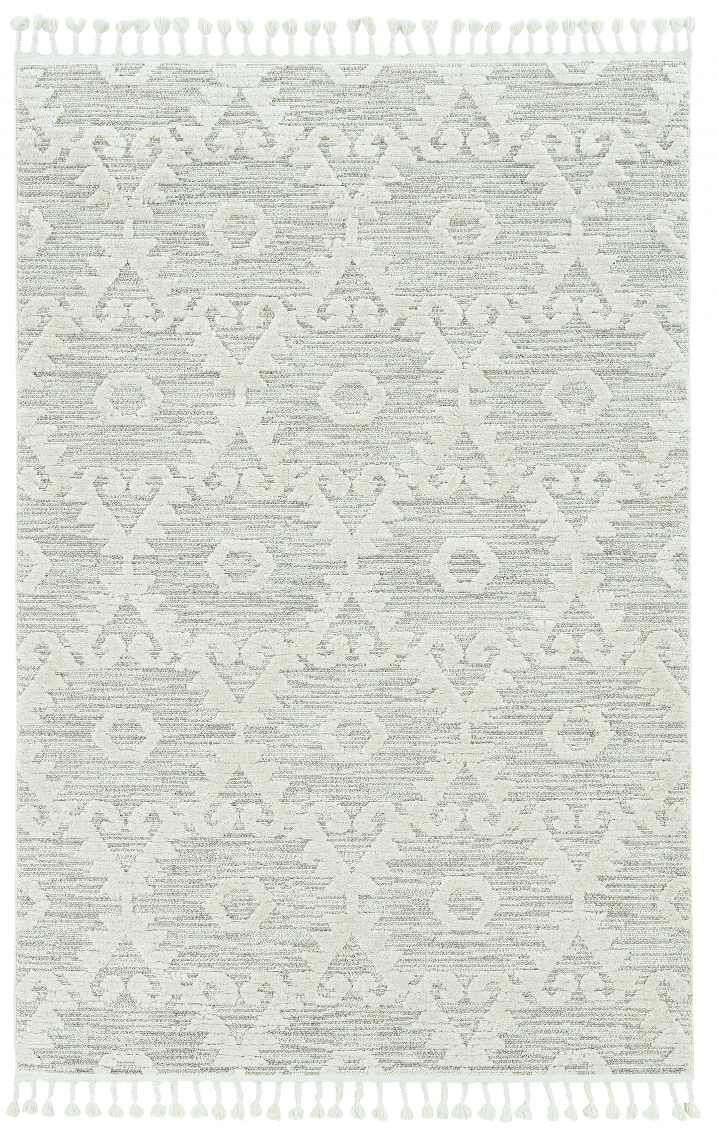 8' Ivory Beige Machine Woven Geometric With Fringe Indoor Runner Rug