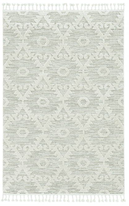 8' Ivory Beige Machine Woven Geometric With Fringe Indoor Runner Rug