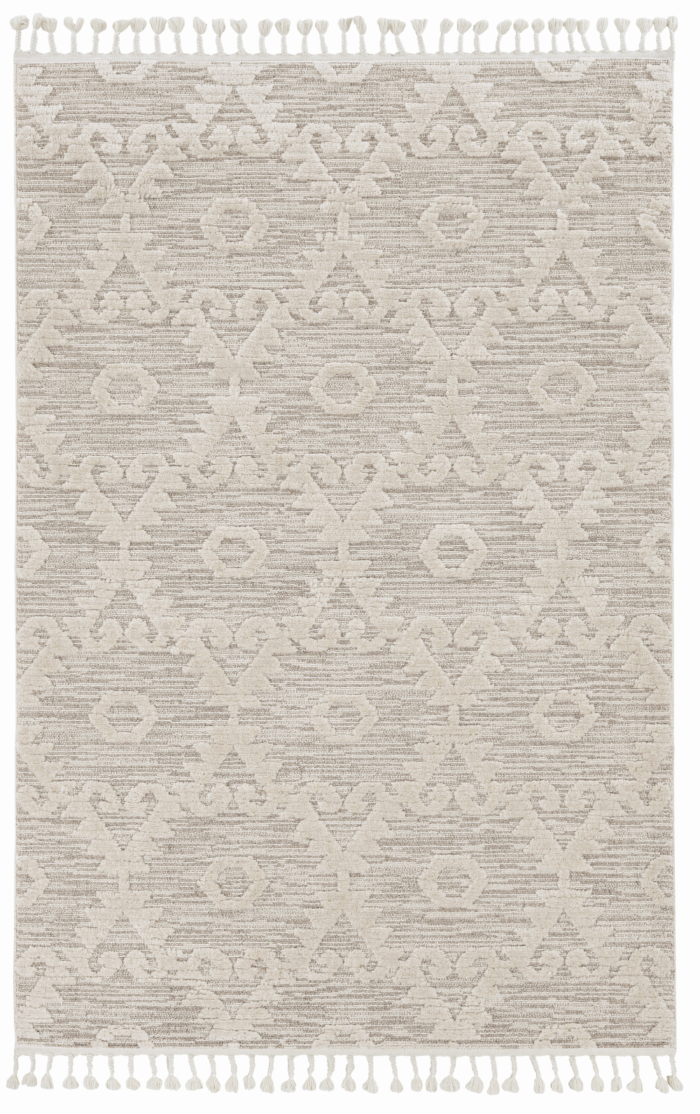 8' Ivory Beige Machine Woven Geometric With Fringe Indoor Runner Rug
