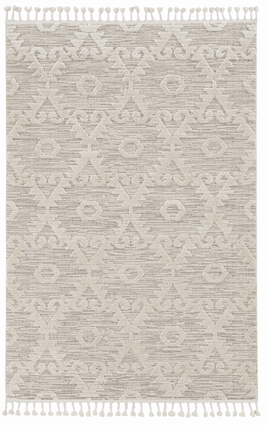 8' Ivory Beige Machine Woven Geometric With Fringe Indoor Runner Rug