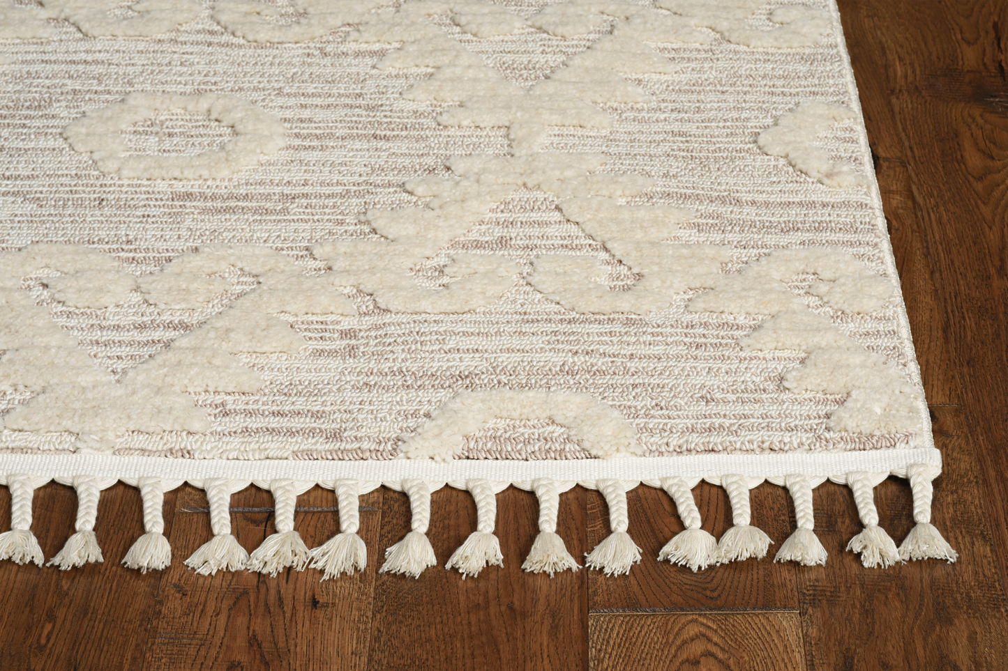 8' Ivory Beige Machine Woven Geometric With Fringe Indoor Runner Rug