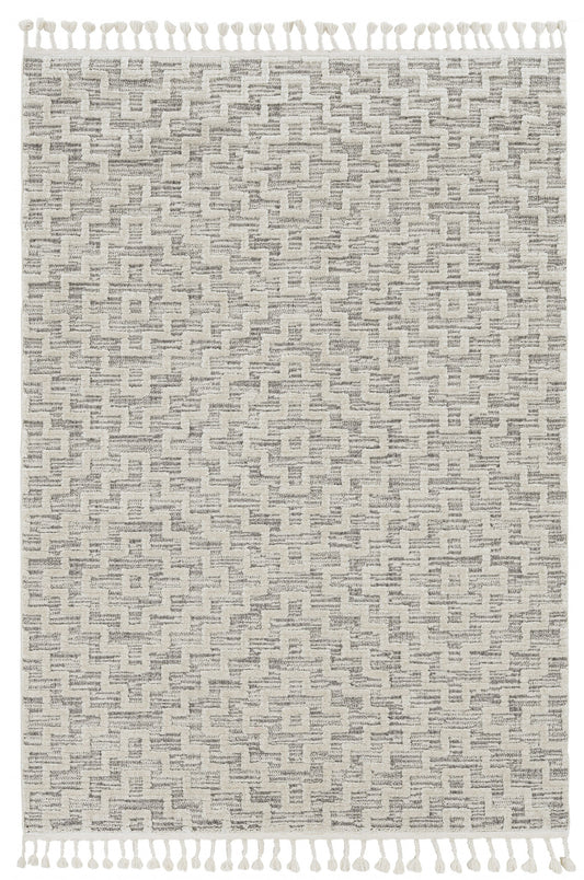 5'X8' Ivory Grey Machine Woven Geometric With Fringe Indoor Area Rug