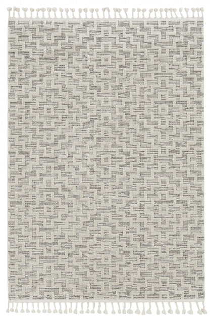5'X8' Ivory Grey Machine Woven Geometric With Fringe Indoor Area Rug