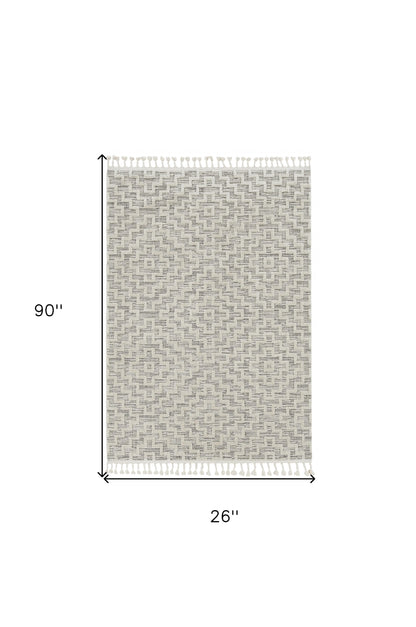 5'X8' Ivory Grey Machine Woven Geometric With Fringe Indoor Area Rug
