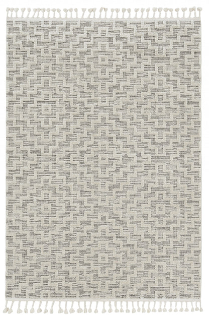 5'X8' Ivory Grey Machine Woven Geometric With Fringe Indoor Area Rug
