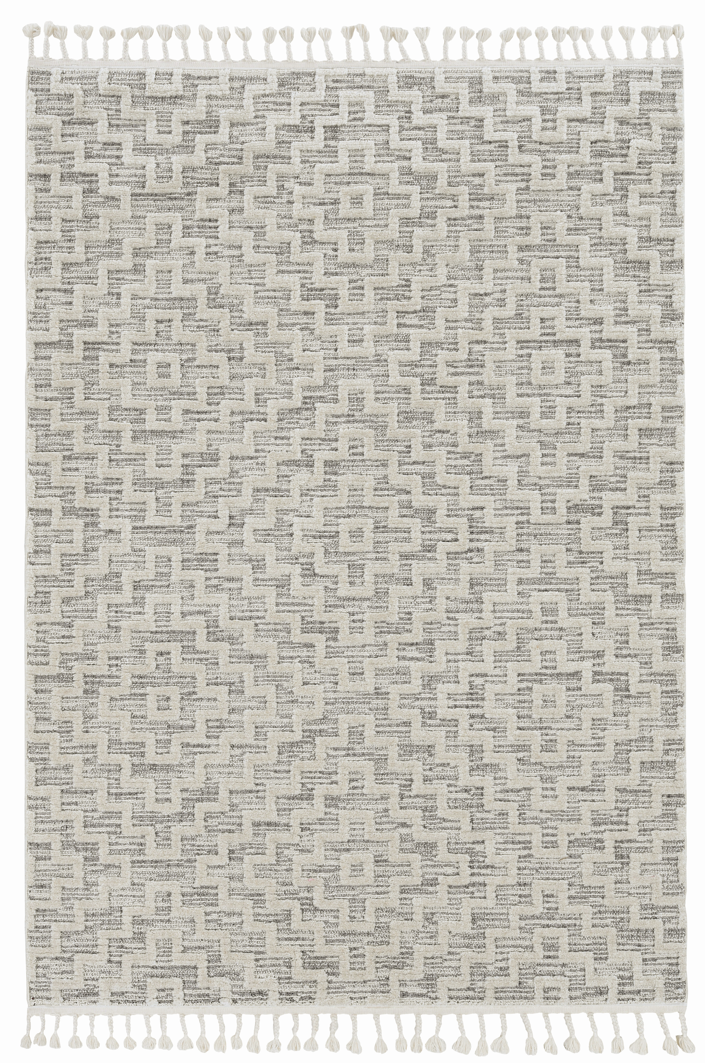 5'X8' Ivory Grey Machine Woven Geometric With Fringe Indoor Area Rug
