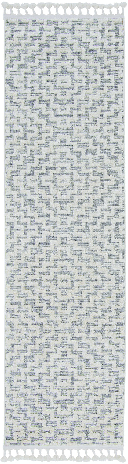 5'X8' Ivory Grey Machine Woven Geometric With Fringe Indoor Area Rug