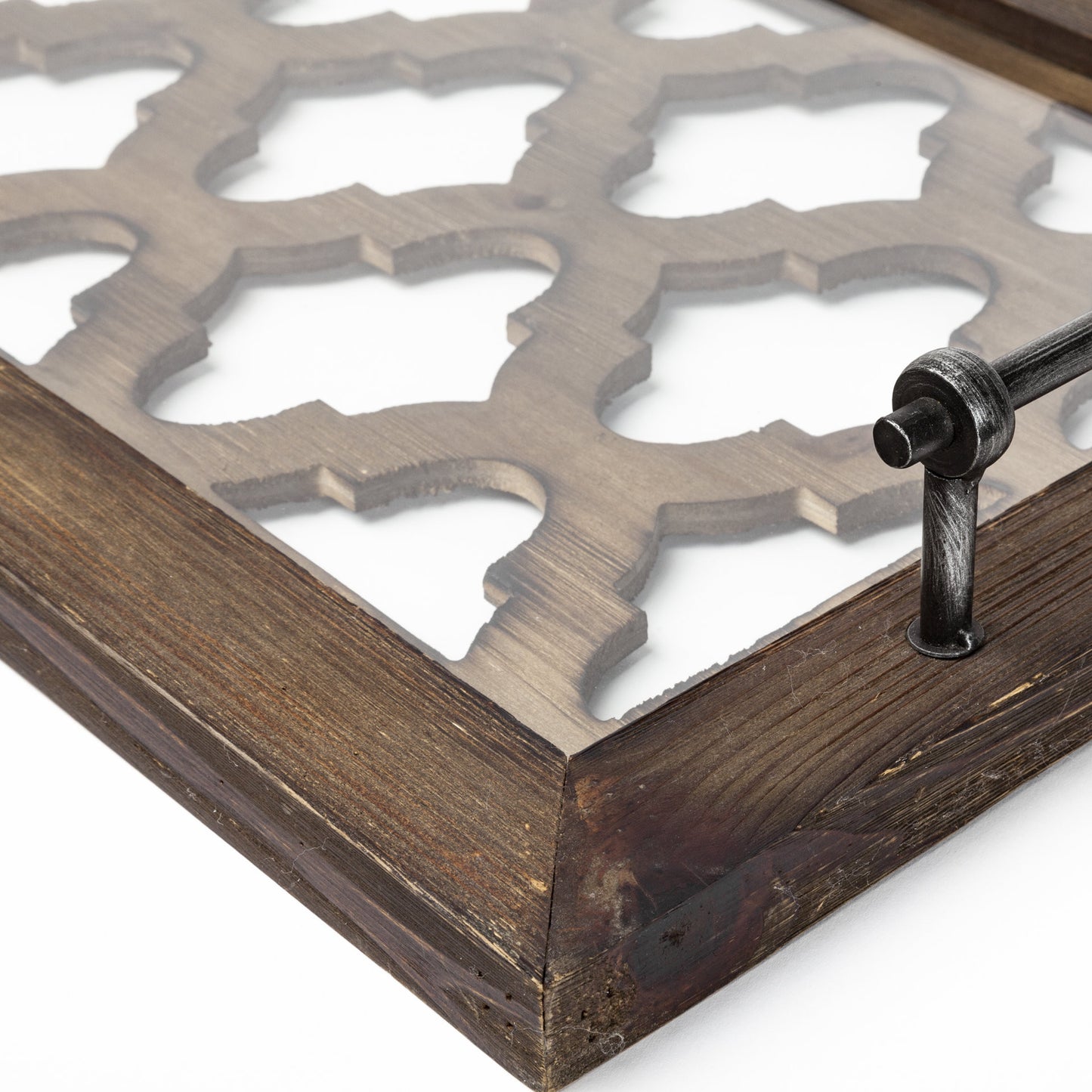 Medium Brown Wood With Metal Quatrefoil Pattern Glass Bottom Tray