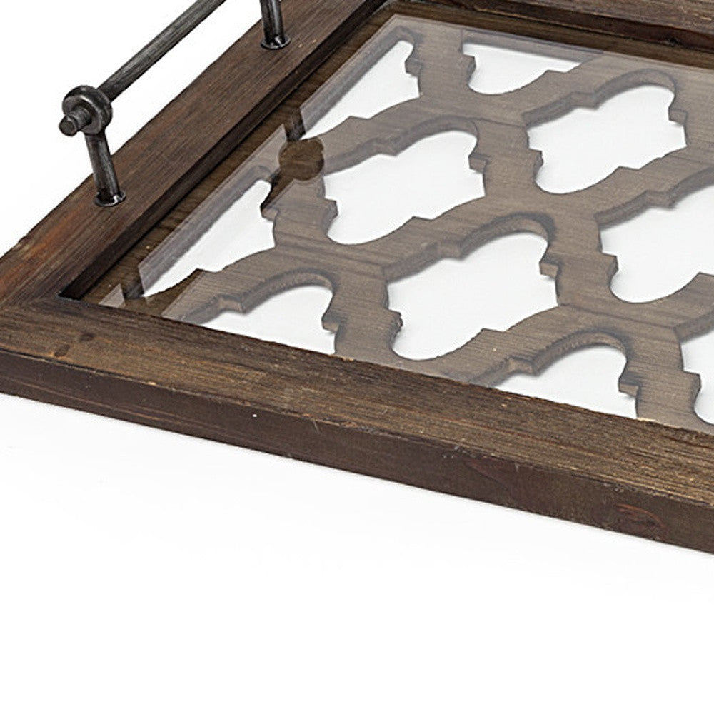 Medium Brown Wood With Metal Quatrefoil Pattern Glass Bottom Tray
