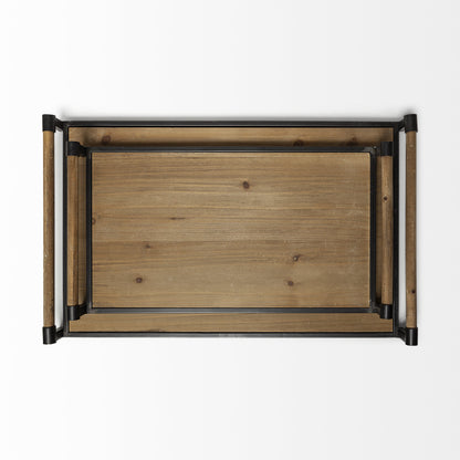 Set Of 2 Light Brown Wood With Matte Black Metal Frame And Two Handles Trays