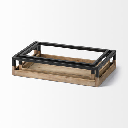 Set Of 2 Natural Finish With Black Nesting Wood Accent Trays