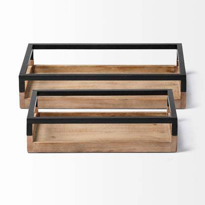 Set Of 2 Natural Finish With Black Nesting Wood Accent Trays