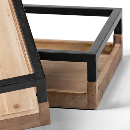 Set Of 2 Natural Finish With Black Nesting Wood Accent Trays