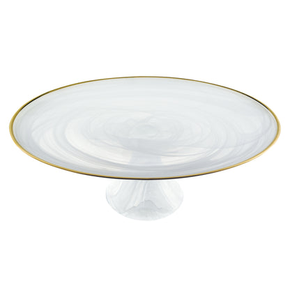 Handcrafted Optical Glass And White Gold Footed Cakestand With Gold Rim