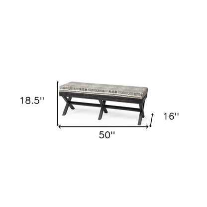 16" Gray and White and Black Upholstered Cotton Blend Bench