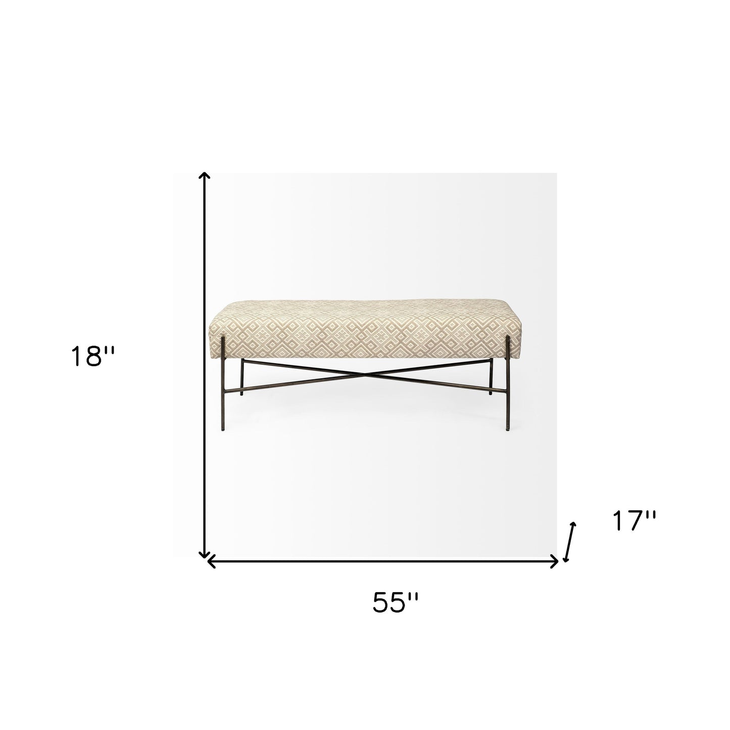 17" Cream and Black Upholstered Cotton Blend Geometric Bench