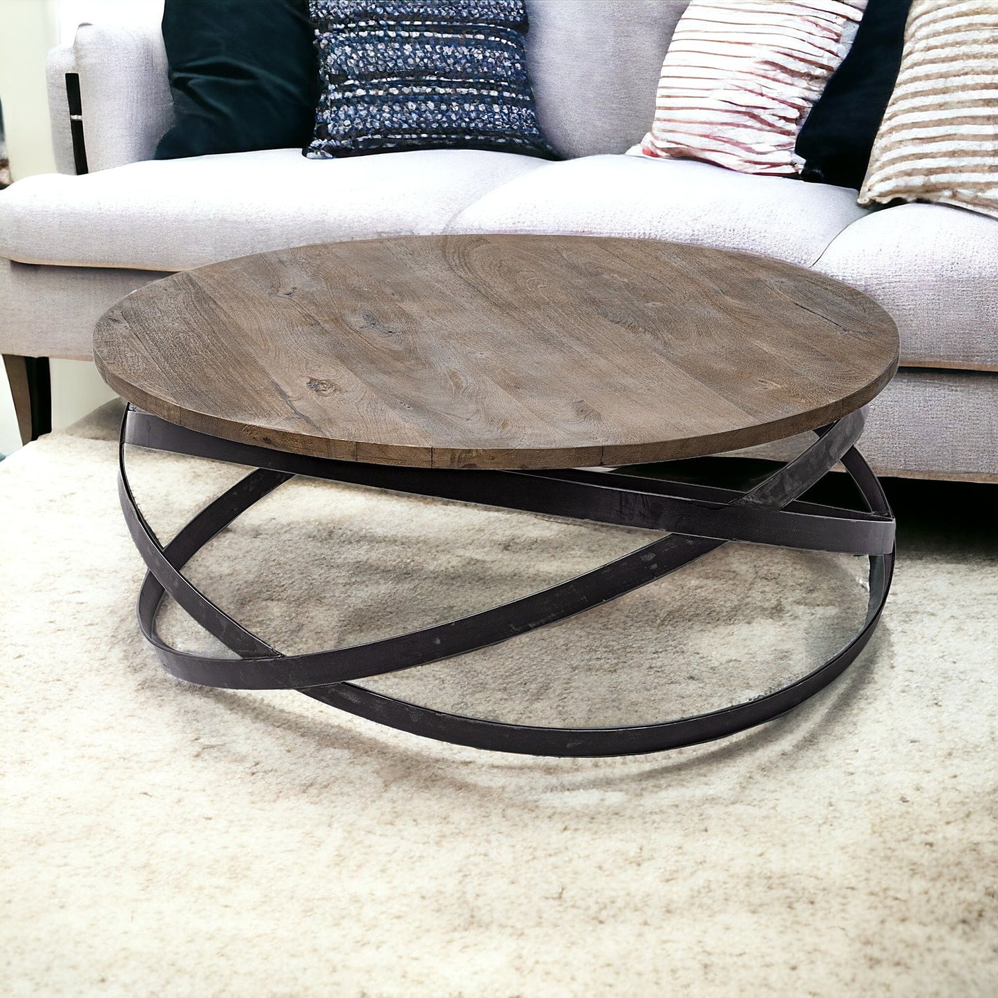 41" Brown And Black Solid Wood And Metal Round Coffee Table