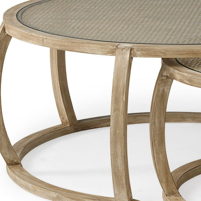 S2 41.5" Round Woven Cane Glass Top And Solid Wood Coffee Tables