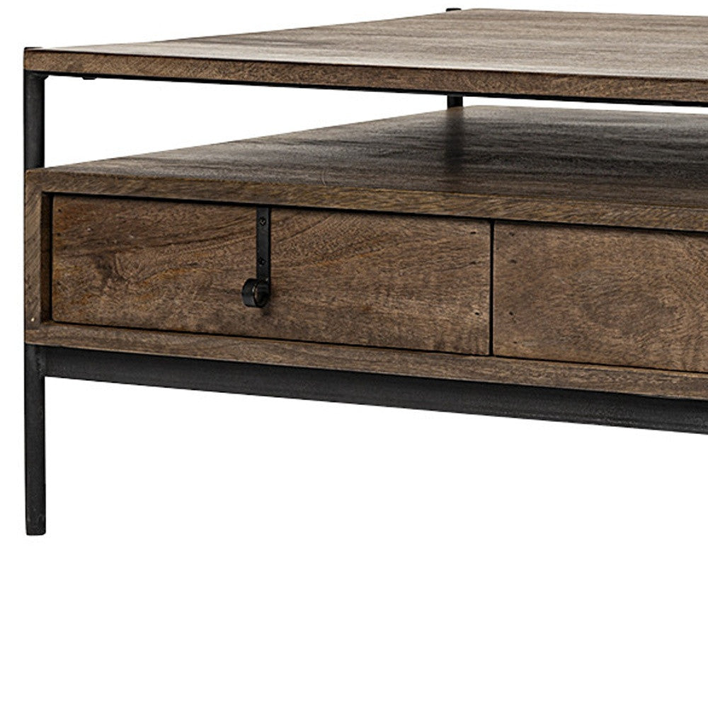 Rectangular Solid Wood And Black Metal Coffee Table W 3 Drawers