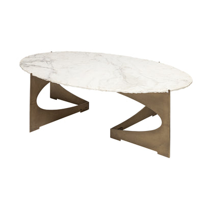 30" White And Gold Genuine Marble And Metal Oval Coffee Table
