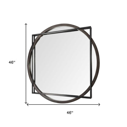 46" Round on Square Black Wood And Metal Frame Wall Mirror
