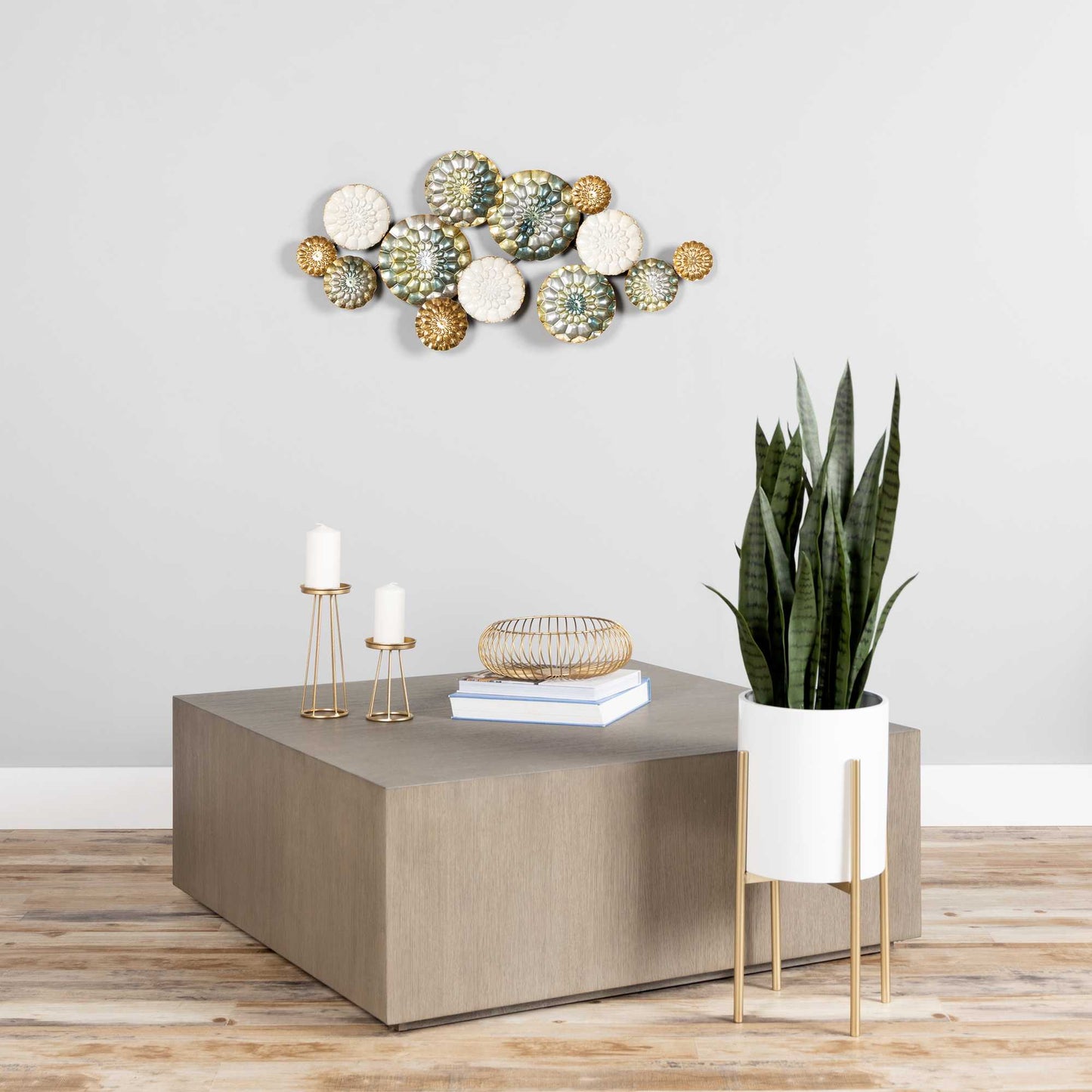 Gold and White Metal Round Pot Planter