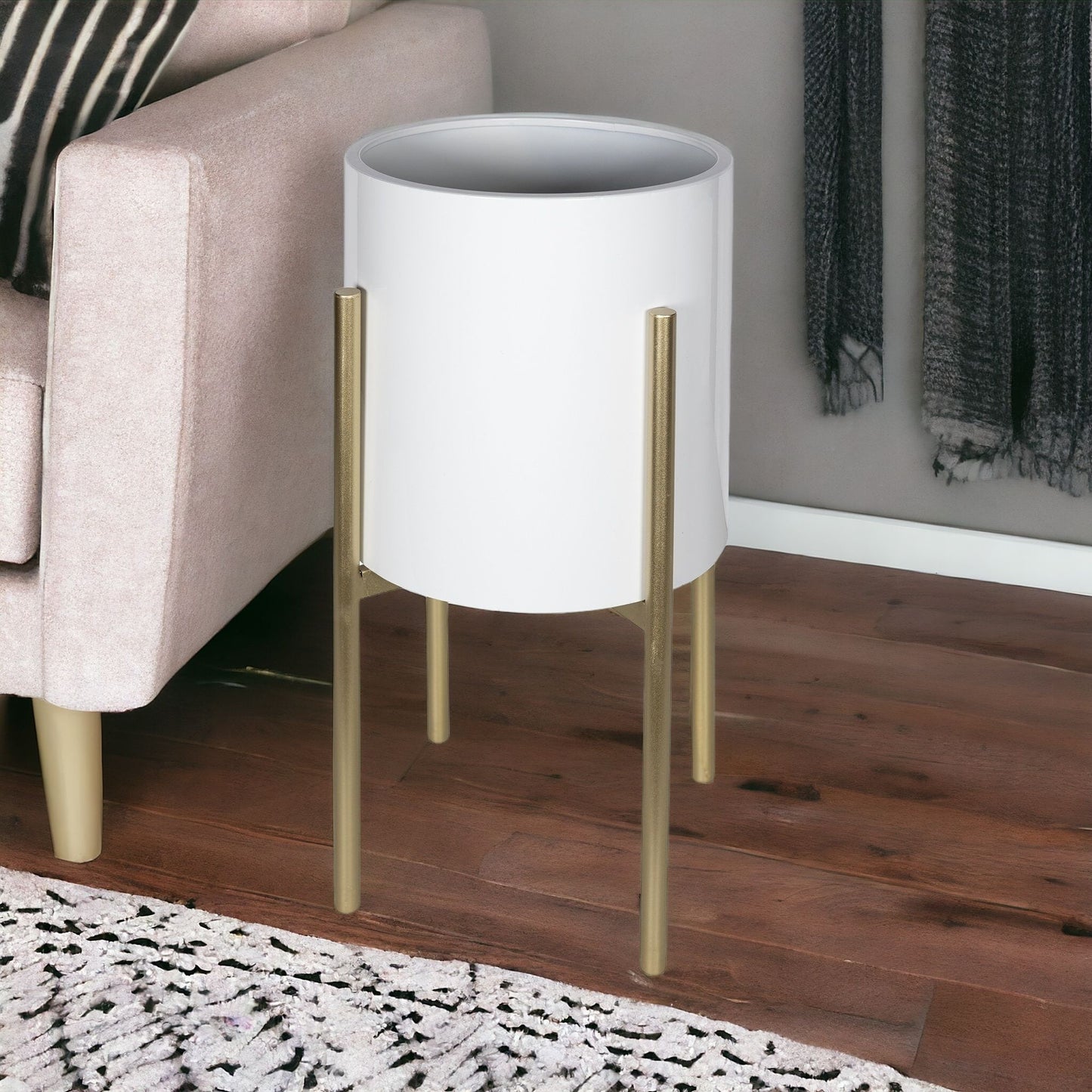 Gold and White Metal Round Pot Planter