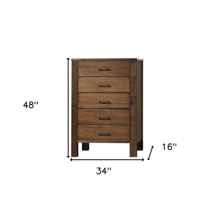 48" Oak Finish 5 Drawer Chest Dresser With Brass Metal Hardware