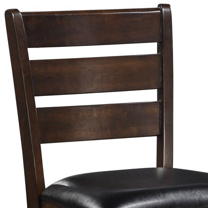 Set Of 2 41" Dark Wood Finish And Black Faux Leather Ladder Back Counter Height Chairs