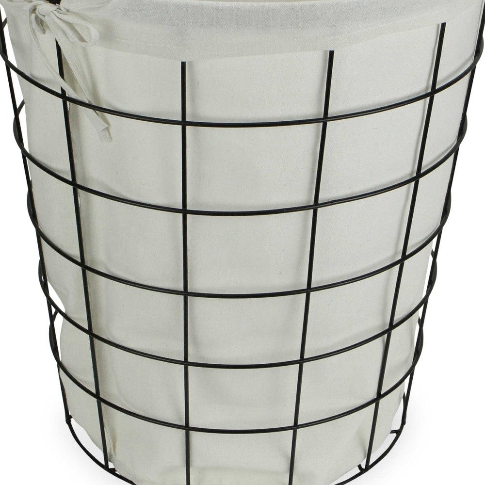 Large White Fabric Lined Metal Laundry Type Basket With Handle