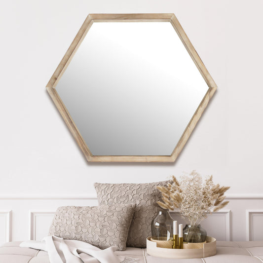 Modern Natural Wood Finish Hexagonal Wall Mirror