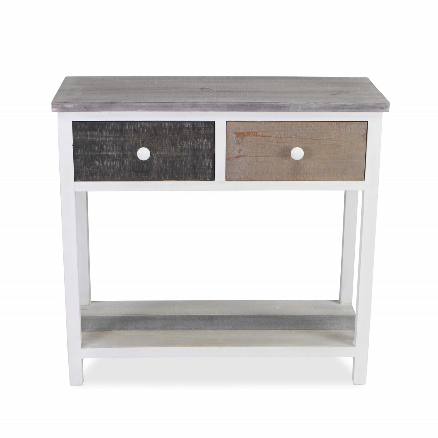 Distressed Gray And White Table With 2 Drawers And Bottom Shelf