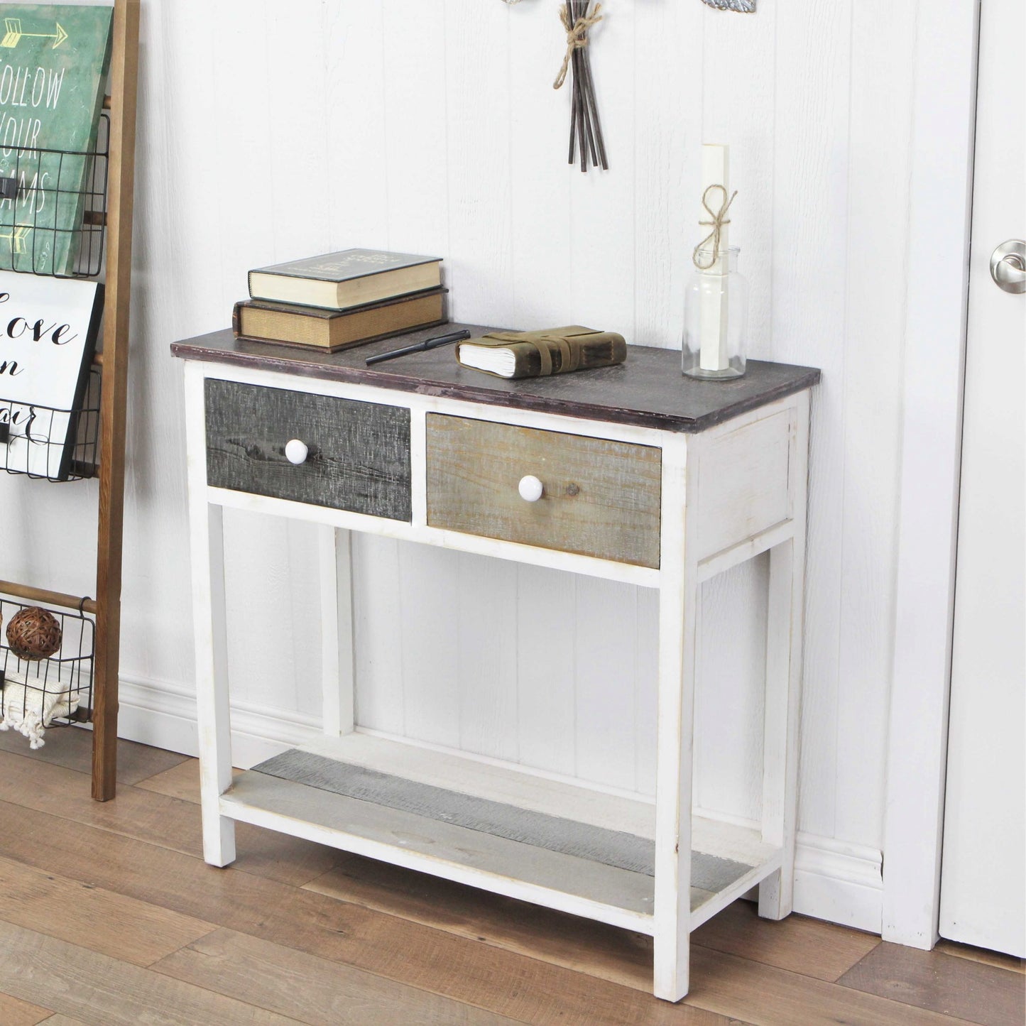 Distressed Gray And White Table With 2 Drawers And Bottom Shelf