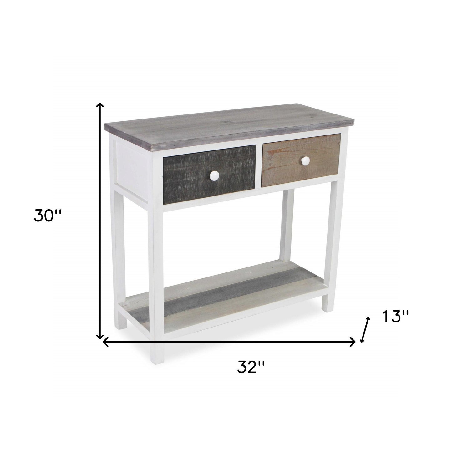 Distressed Gray And White Table With 2 Drawers And Bottom Shelf