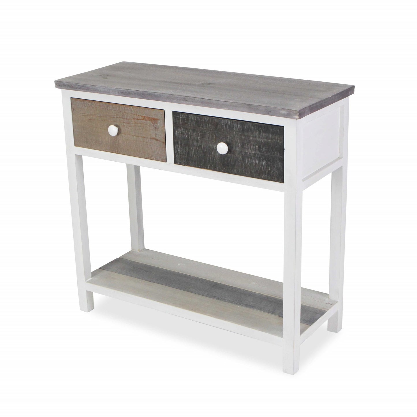 Distressed Gray And White Table With 2 Drawers And Bottom Shelf