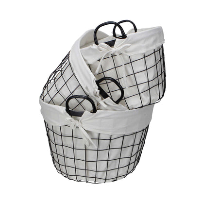 Set Of 3 Oval White Lined And Metal Wire Baskets With Handles