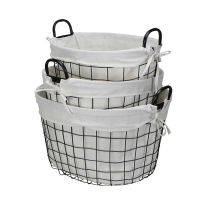 Set Of 3 Oval White Lined And Metal Wire Baskets With Handles